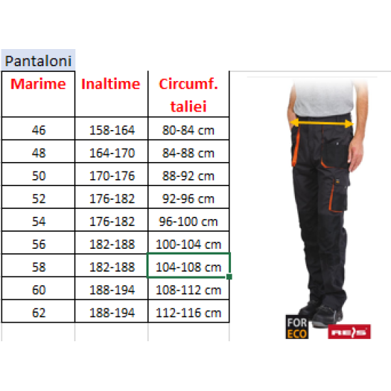 Pantaloni de lucru tercot For Eco 260g/m2, negru si portocaliu