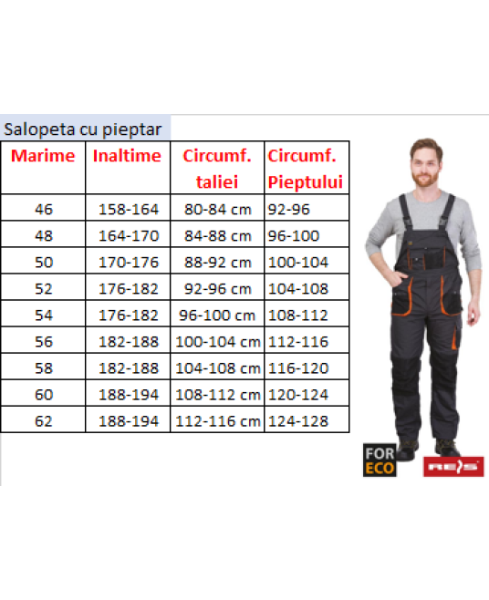 Salopeta cu pieptar tercot For Eco 260g/m2, negru si portocaliu