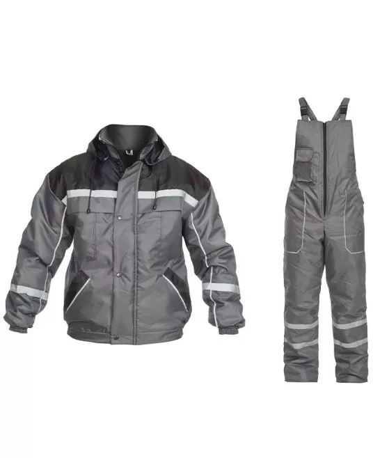 Costum vatuit cu dungi reflectorizante (salopeta cu pieptar si jacheta), gri Costum vatuit cu dungi reflectorizante (salopeta cu pieptar si jacheta), gri