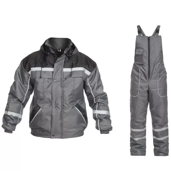 Costum vatuit cu dungi reflectorizante (salopeta cu pieptar si jacheta), gri Costum vatuit cu dungi reflectorizante (salopeta cu pieptar si jacheta), gri