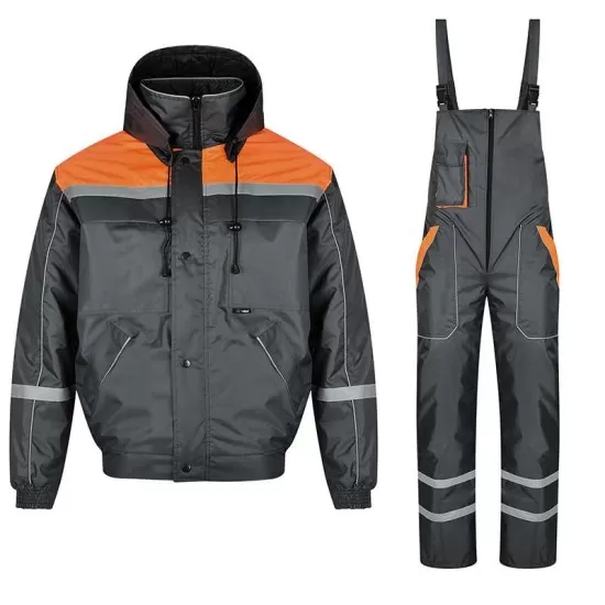 Costum vatuit cu dungi reflectorizante (salopeta cu pieptar si jacheta), gri cu portocaliu Costum vatuit cu dungi reflectorizante (salopeta cu pieptar si jacheta), gri cu portocaliu