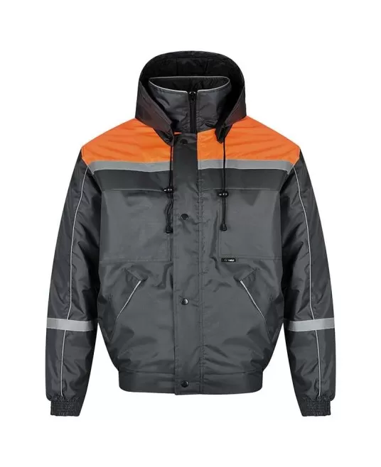 Costum vatuit cu dungi reflectorizante (salopeta cu pieptar si jacheta), gri cu portocaliu