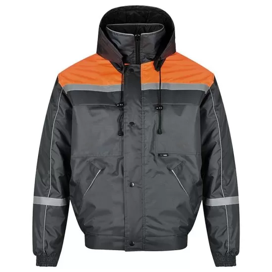 Costum vatuit cu dungi reflectorizante (salopeta cu pieptar si jacheta), gri cu portocaliu Costum vatuit cu dungi reflectorizante (salopeta cu pieptar si jacheta), gri cu portocaliu