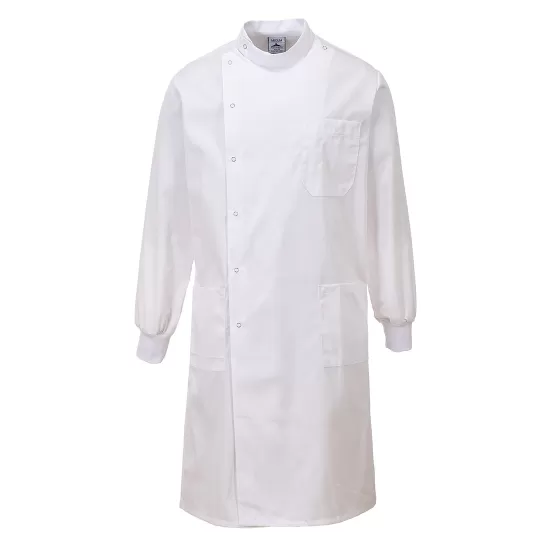 Halat laborator, inchidere cu capse si mansete striate, alb Halat laborator, inchidere cu capse si mansete striate, alb