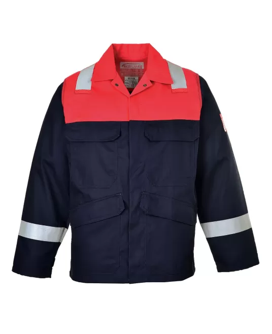 Jacheta ignifuga antistatica protectie arc electric Bizflame Plus Bleumarin si Rosu