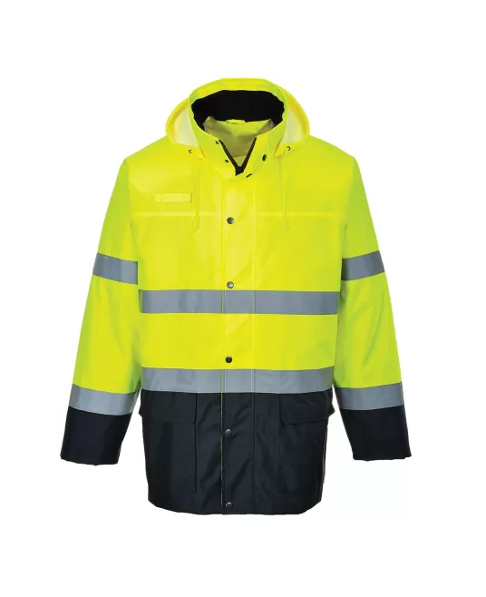 Jacheta impermeabila reflectorizanta, inalta vizibilitate, Galben si bleumarin