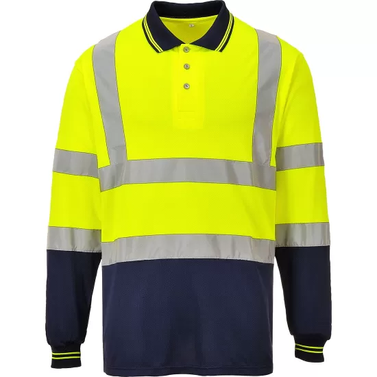 Tricou polo cu maneca lunga reflectorizant, inalta vizibilitate, bicolor, Galben si bleumarin Tricou polo cu maneca lunga reflectorizant, inalta vizibilitate, bicolor, Galben si bleumarin