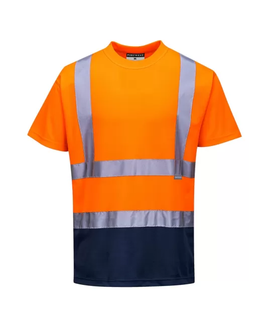 Tricou cu maneca scurta bicolor, reflectorizant, inalta vizibilitate, Portocaliu si bleumarin