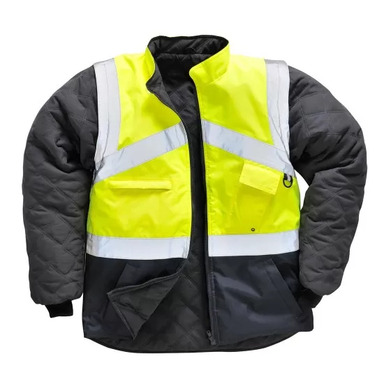 Jacheta de protectie reflectorizanta cu 2 fete, poate fi purtata si ca vesta, Galben si bleumarin Jacheta de protectie reflectorizanta cu 2 fete, poate fi purtata si ca vesta, Galben si bleumarin