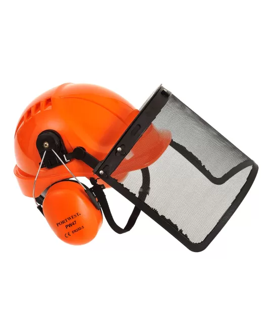 Set forestier: casca de protectie, antifoane externe si viziera de plasa [PW98] Portocaliu