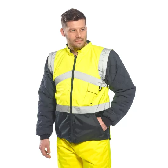 Jacheta de protectie reflectorizanta cu 2 fete, poate fi purtata si ca vesta, Galben si bleumarin Jacheta de protectie reflectorizanta cu 2 fete, poate fi purtata si ca vesta, Galben si bleumarin