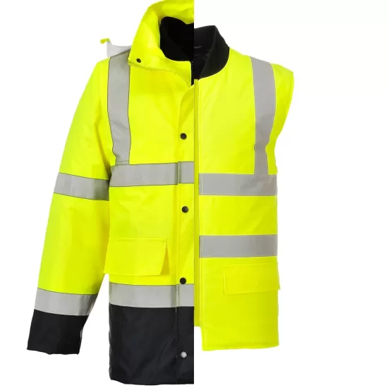 Jacheta vatuita reflectorizanta, 4 in 1, inalta vizibilitate, impermeabila, Galben si bleumarin Jacheta vatuita reflectorizanta, 4 in 1, inalta vizibilitate, impermeabila, Galben si bleumarin