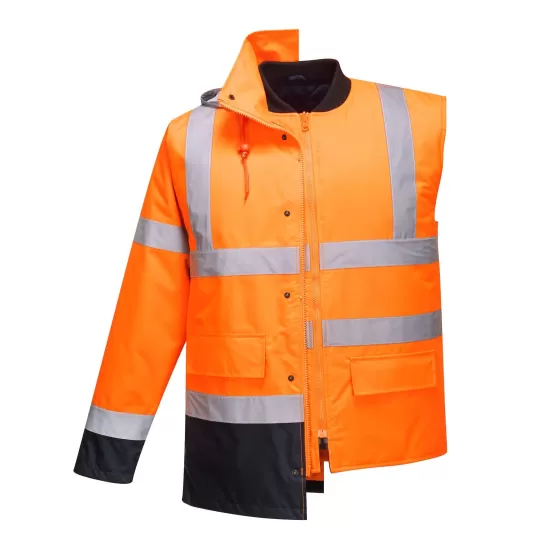 Jacheta vatuita reflectorizanta, 4 in 1, inalta vizibilitate, impermeabila, Portocaliu si bleumarin Jacheta vatuita reflectorizanta, 4 in 1, inalta vizibilitate, impermeabila, Portocaliu si bleumarin