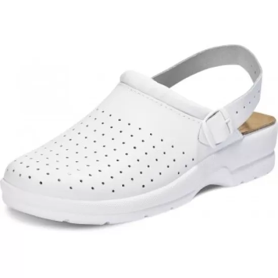 Saboti albi medicali cu bareta, piele integrala, talpa ergonomica, pentru femei Saboti albi medicali cu bareta, piele integrala, talpa ergonomica, pentru femei
