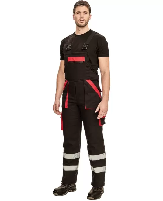 Salopeta de iarna cu pieptar, dungi reflectorizante, negru/rosu