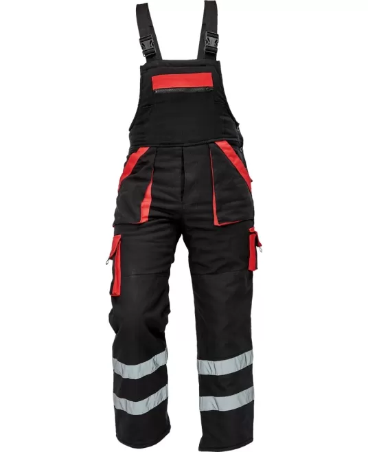 Salopeta de iarna cu pieptar, dungi reflectorizante, negru/rosu