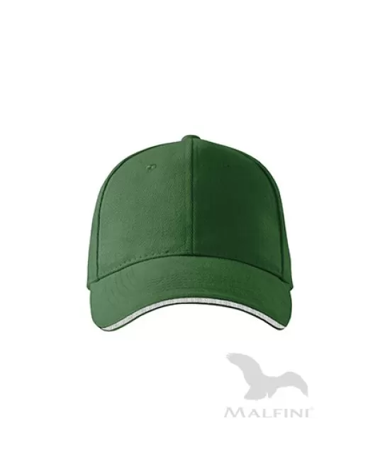 Sapca Sandwich 6P 306 Malfini, bumbac 340g/m2, Verde sticla dunga alba