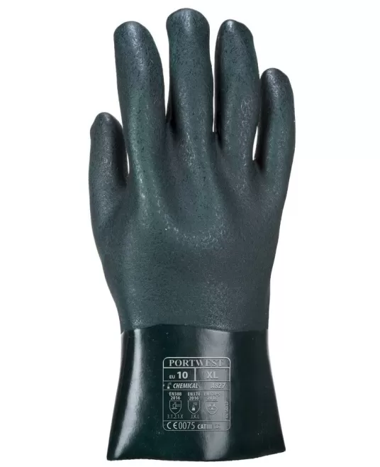 Manusi de protectie antichimica, PVC dublu impregnat, 27cm [A827] Verde