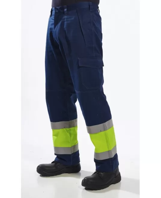 Pantaloni de protectie Multinorm: ignifuga reflectorizanta, antistatica, chimica [MV26] Galben si bleumarin
