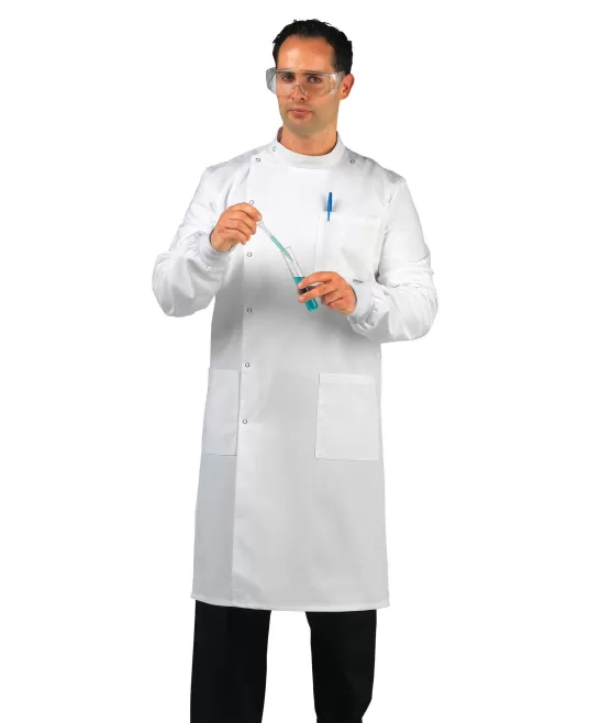 Halat laborator, inchidere cu capse si mansete striate, alb Halat laborator, inchidere cu capse si mansete striate, alb