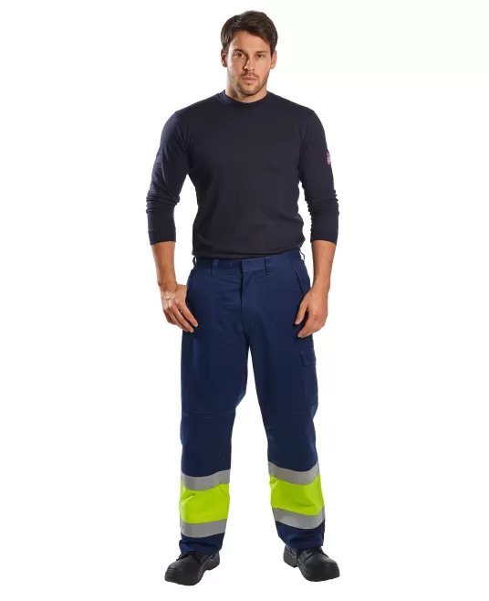 Pantaloni de protectie Multinorm: ignifuga reflectorizanta, antistatica, chimica [MV26] Galben si bleumarin