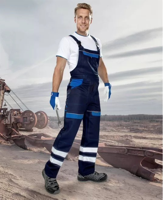 Salopeta cu pieptar Cool Trend Reflex dungi reflectorizante, bumbac 260g/m2 bleumarin