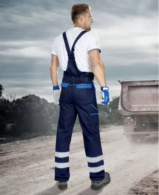 Salopeta cu pieptar Cool Trend Reflex dungi reflectorizante, bumbac 260g/m2 bleumarin