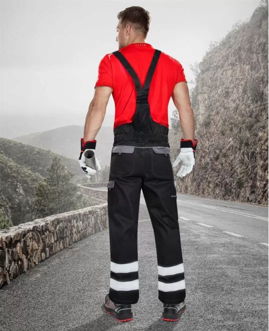 Salopeta cu pieptar Cool Trend Reflex dungi reflectorizante, bumbac 260g/m2 Negru