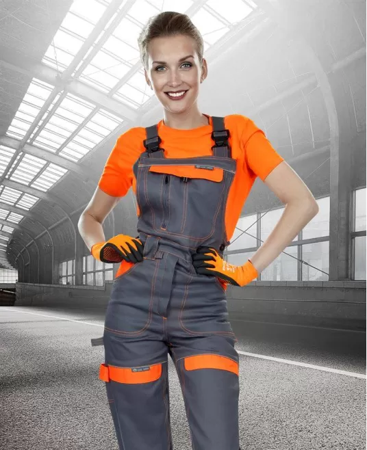 Salopeta cu pieptar femei, bumbac 260g/m2, Cool Trend Gri si Portocaliu