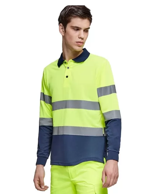 Tricou polo reflectorizant, cu maneca lunga Galben si bleumarin Tricou polo reflectorizant, cu maneca lunga Galben si bleumarin