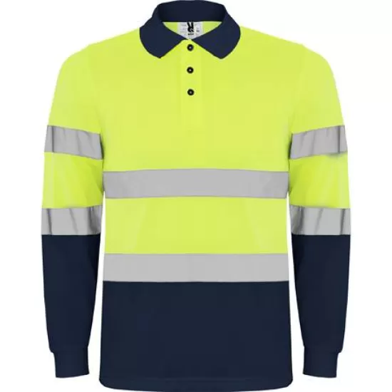 Tricou polo reflectorizant, cu maneca lunga Galben si bleumarin Tricou polo reflectorizant, cu maneca lunga Galben si bleumarin