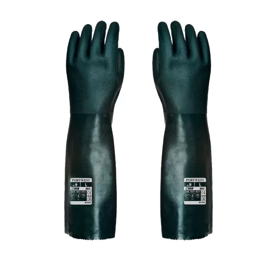 Manusi de protectie antichimica, PVC dublu impregnat, 45 cm [A845] Verde