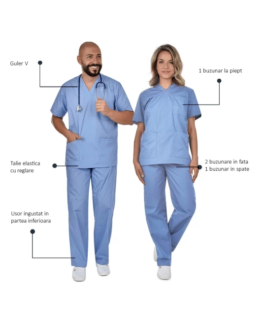 Costum medical unisex tercot subtire (pantaloni + tunica), densitate 110g/m2, albastru Costum medical unisex tercot subtire (pantaloni + tunica), densitate 110g/m2, albastru