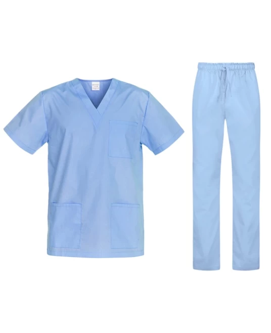 Costum medical unisex tercot subtire (pantaloni + tunica), densitate 110g/m2, albastru Costum medical unisex tercot subtire (pantaloni + tunica), densitate 110g/m2, albastru