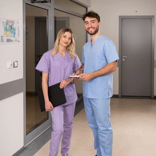 Costum medical unisex tercot subtire (pantaloni + tunica), densitate 110g/m2, albastru