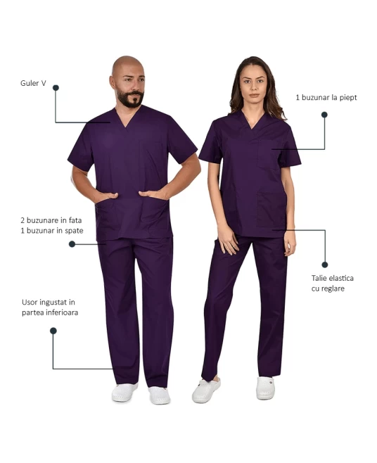 Costum medical unisex tercot subtire (pantaloni + tunica), densitate 110g/m2, mov Costum medical unisex tercot subtire (pantaloni + tunica), densitate 110g/m2, mov