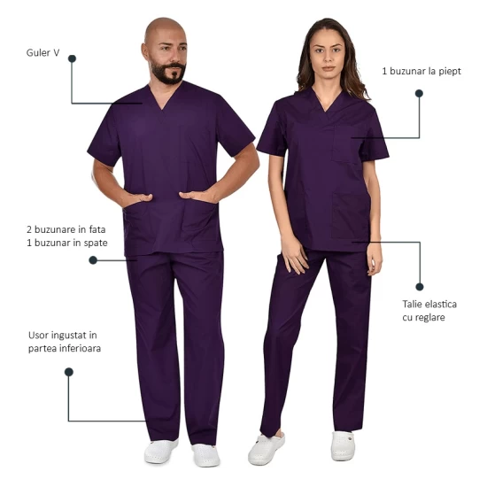 Costum medical unisex tercot subtire (pantaloni + tunica), densitate 110g/m2, mov Costum medical unisex tercot subtire (pantaloni + tunica), densitate 110g/m2, mov