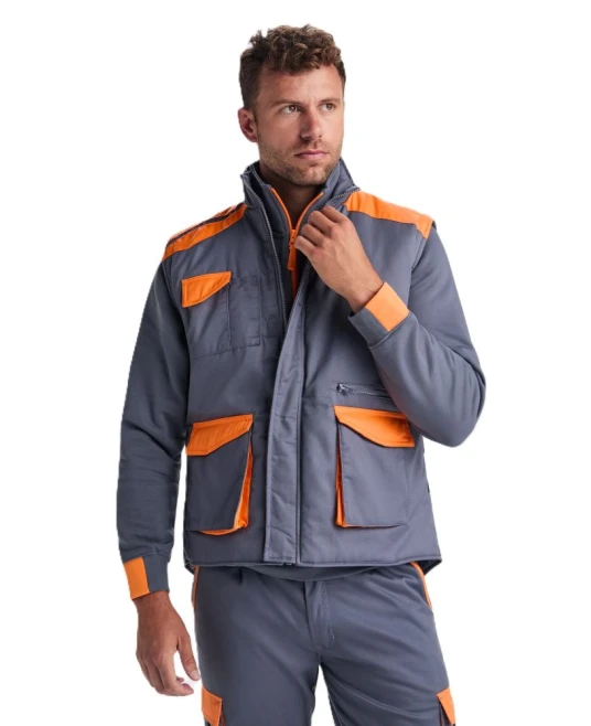 Vesta matlasata de lucru din tercot, bicolora, gri-portocaliu