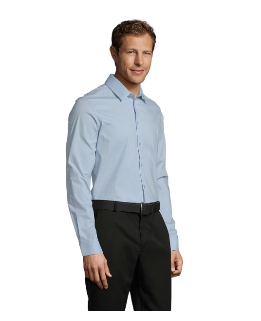 Camasa barbati cu maneca lunga, model slim fit si guler apretat, 120 g/mp, Albastru deschis Camasa barbati cu maneca lunga, model slim fit si guler apretat, 120 g/mp, Albastru deschis