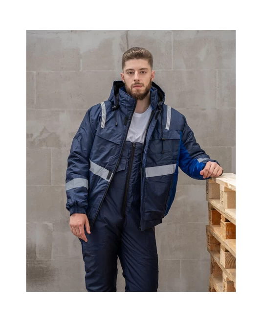Costum de iarna cu dungi reflectorizante (salopeta cu pieptar si jacheta), bleumarin Costum de iarna cu dungi reflectorizante (salopeta cu pieptar si jacheta), bleumarin