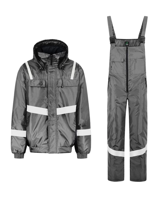 Costum de iarna cu dungi reflectorizante (salopeta cu pieptar si jacheta), gri Costum de iarna cu dungi reflectorizante (salopeta cu pieptar si jacheta), gri