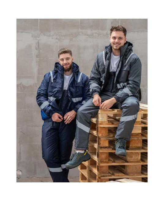 Costum de iarna cu dungi reflectorizante (salopeta cu pieptar si jacheta), gri Costum de iarna cu dungi reflectorizante (salopeta cu pieptar si jacheta), gri