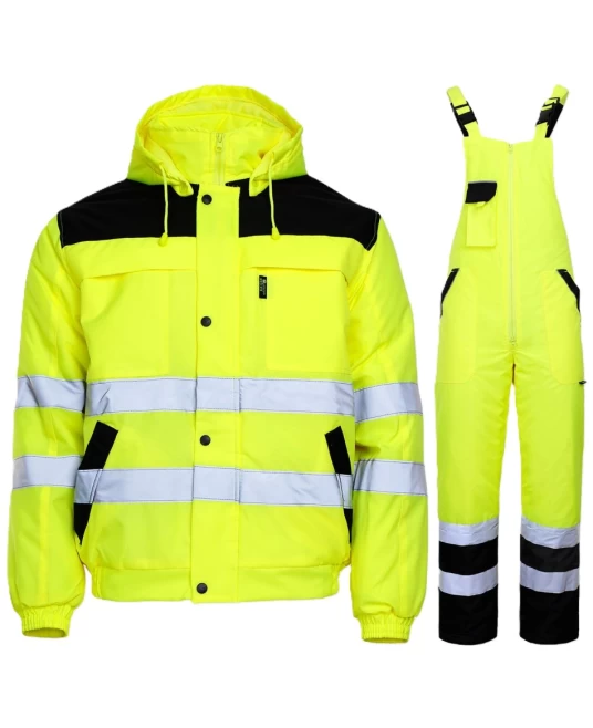 Costum vatuit HiVis impermeabil (salopeta cu pieptar + jacheta), galben reflectorizant Costum vatuit HiVis impermeabil (salopeta cu pieptar + jacheta), galben reflectorizant