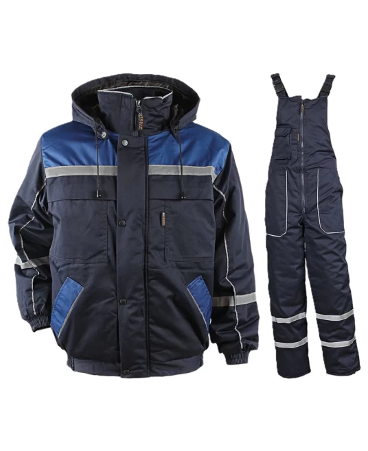Costum vatuit bumbac (salopeta cu pieptar  + jacheta), dungi reflectorizante Costum vatuit bumbac (salopeta cu pieptar  + jacheta), dungi reflectorizante
