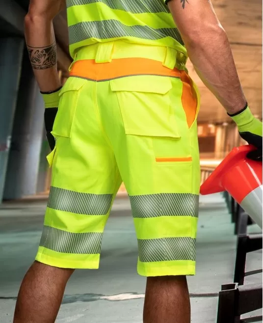 Pantaloni scurti HiVis tercot 290 g/mp, galben cu portocaliu Pantaloni scurti HiVis tercot 290 g/mp, galben cu portocaliu