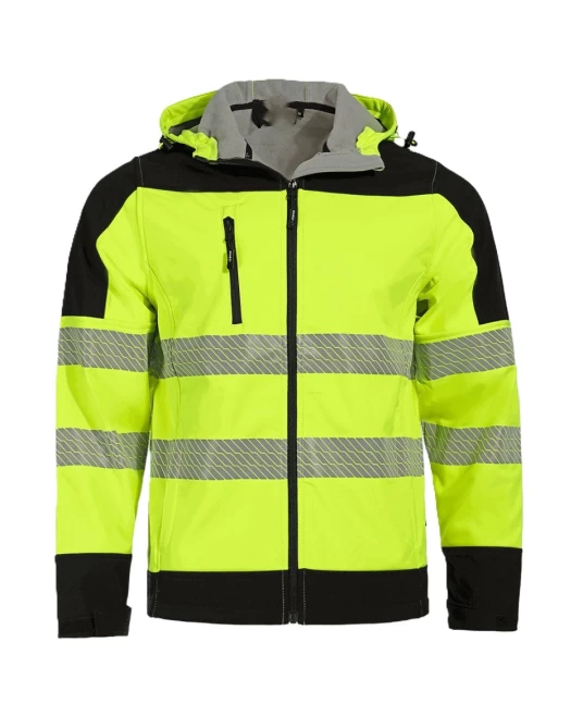 Softshell HiVis cu gluga si dungi reflectorizante, galben neon Softshell HiVis cu gluga si dungi reflectorizante, galben neon