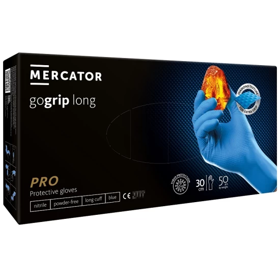 Manusi unica folosinta premium lungi 30cm, Go Grip Long, nitril, 50 buc/cutie, albastre Manusi unica folosinta premium lungi 30cm, Go Grip Long, nitril, 50 buc/cutie, albastre