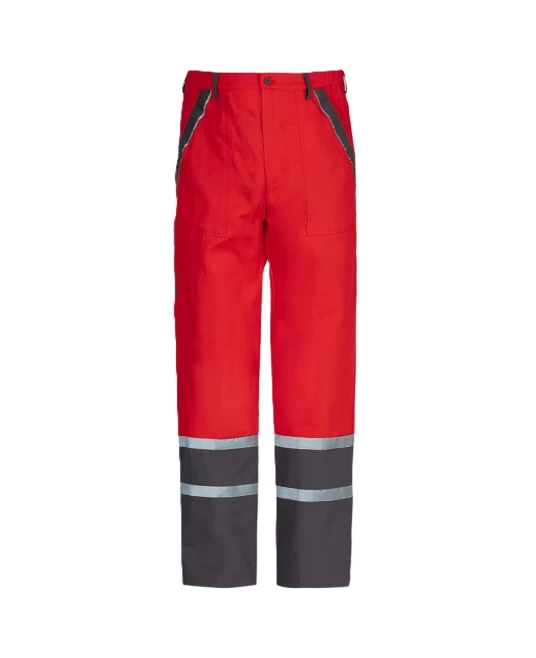 Pantaloni de lucru Colins bumbac 240g/m2,  rosu dungi reflectorizante Pantaloni de lucru Colins bumbac 240g/m2,  rosu dungi reflectorizante