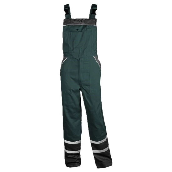 Salopeta cu pieptar Colins bumbac 240g/m2, verde dungi reflectorizante Salopeta cu pieptar Colins bumbac 240g/m2, verde dungi reflectorizante