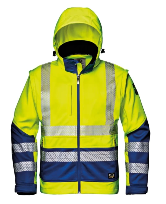 Jacheta softshell HiVis premium cu maneci detasabile, galben albastru Jacheta softshell HiVis premium cu maneci detasabile, galben albastru